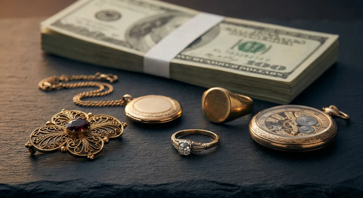 Antique gold jewelry, a Victorian brooch, locket, signet ring and pocket watch beside a stack of cash