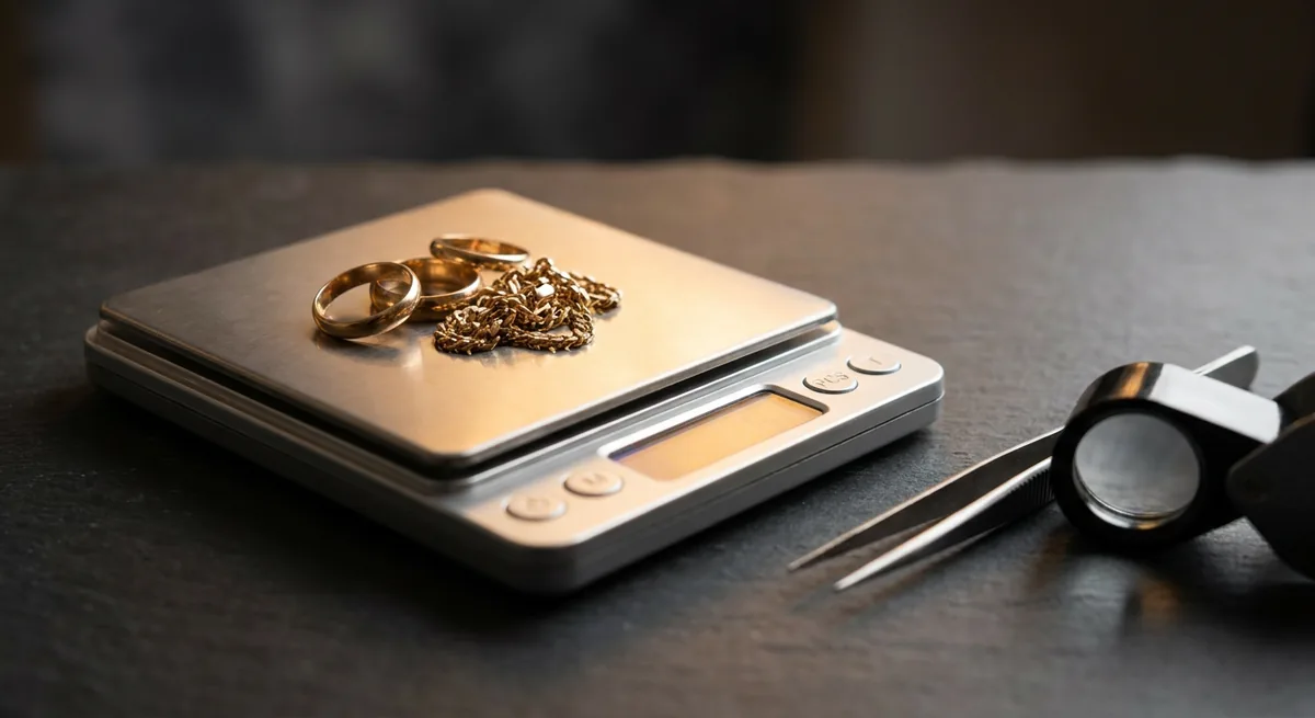 Gold rings and a chain being weighed on a precision jeweler's scale