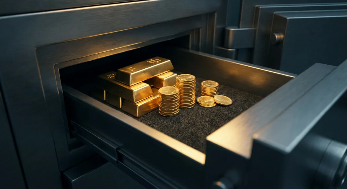 Gold bars and coins inside an open safe deposit box