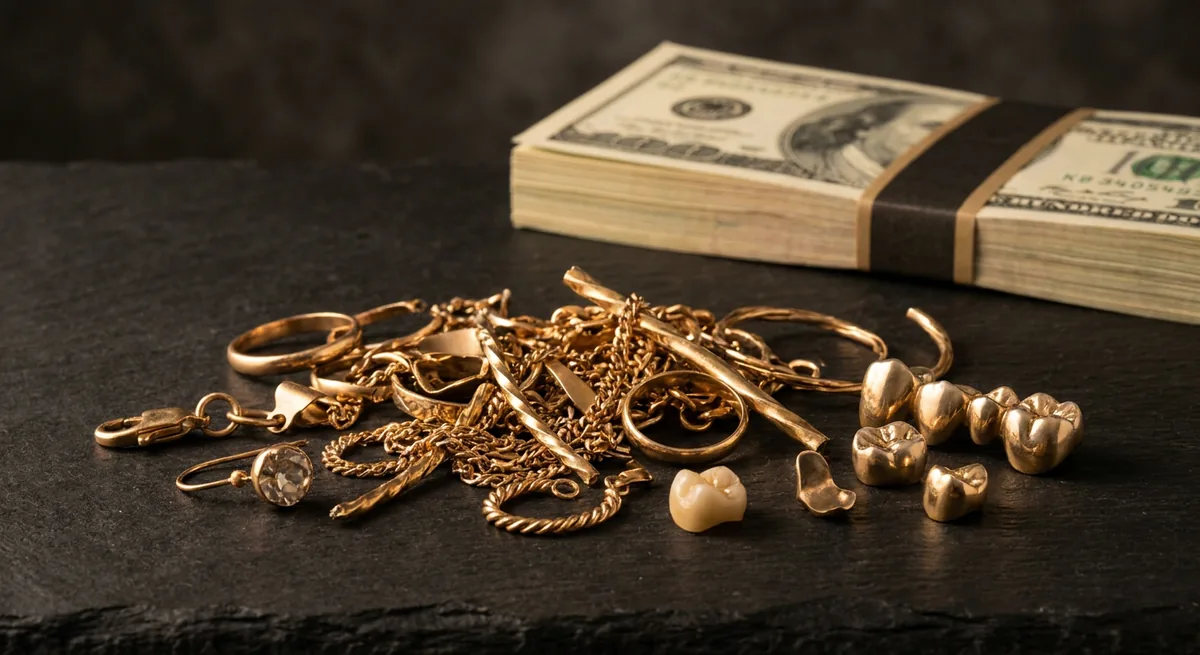 Scrap gold, broken chains, bent rings and gold dental crowns beside a stack of cash